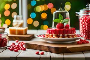 een toetje tafel met rood en wit taart en bessen. ai-gegenereerd foto