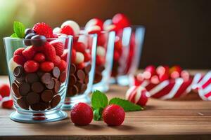 chocola en aardbeien in bril Aan een houten tafel. ai-gegenereerd foto