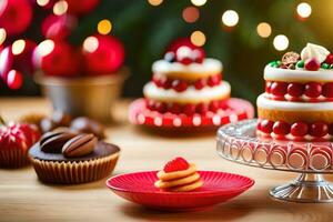 een taart met rood suikerglazuur en een koekje Aan een tafel. ai-gegenereerd foto