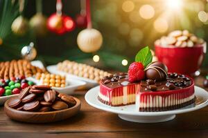 Kerstmis toetje met chocola en noten Aan een houten tafel. ai-gegenereerd foto