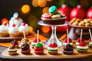 Kerstmis toetje buffet met cupcakes en andere snoepgoed. ai-gegenereerd foto