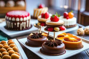 een tafel met divers desserts Aan het. ai-gegenereerd foto