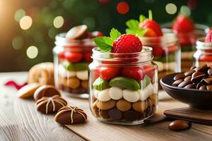 drie potten met aardbeien, chocola en noten. ai-gegenereerd foto