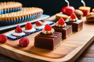 een houten dienblad met divers desserts Aan het. ai-gegenereerd foto