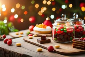 Kerstmis toetje in glas potten Aan houten tafel met Kerstmis lichten. ai-gegenereerd foto