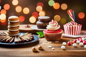 Kerstmis cakes en cupcakes Aan een houten tafel. ai-gegenereerd foto