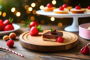 een tafel met desserts en een bord met aardbeien. ai-gegenereerd foto