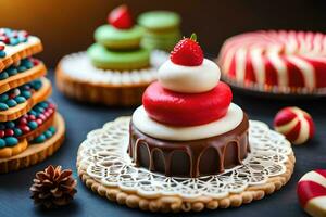 Kerstmis cakes en koekjes Aan een tafel. ai-gegenereerd foto