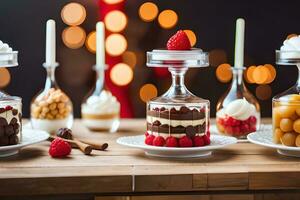 divers desserts in glas bekers Aan een houten tafel. ai-gegenereerd foto