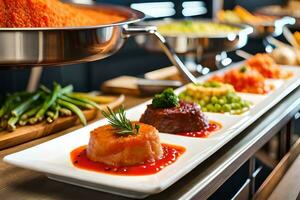 een buffet met divers types van voedsel Aan platen. ai-gegenereerd foto