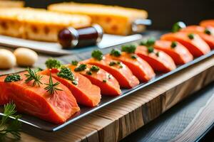 Zalm Aan een houten dienblad met kruiden en brood. ai-gegenereerd foto