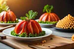 gerookt Zalm met groenten Aan een houten snijdend bord. ai-gegenereerd foto