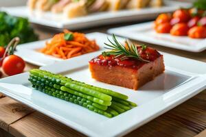 een bord met vlees, groenten en asperges. ai-gegenereerd foto