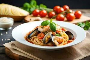 spaghetti met mosselen, mosselen en tomaten in een wit schaal. ai-gegenereerd foto