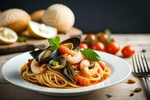 spaghetti met mosselen en tomaten Aan een bord. ai-gegenereerd foto