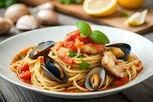 spaghetti met mosselen en tomaten in tomaat saus. ai-gegenereerd foto