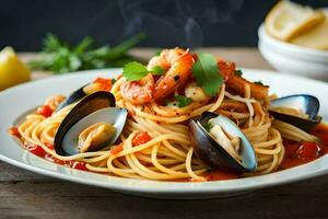 spaghetti met zeevruchten en tomaten. ai-gegenereerd foto