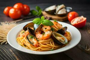 spaghetti met mosselen en garnaal Aan een houten tafel. ai-gegenereerd foto