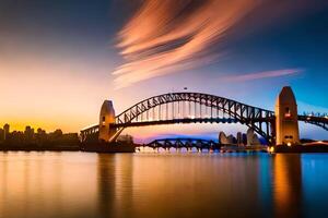 de Sydney haven brug Bij zonsondergang. ai-gegenereerd foto