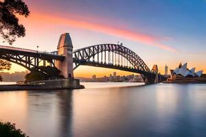 de Sydney haven brug Bij zonsondergang. ai-gegenereerd foto