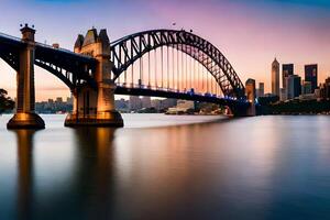 de Sydney haven brug Bij zonsondergang. ai-gegenereerd foto