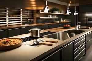 een modern keuken met roestvrij staal huishoudelijke apparaten en zwart kasten. ai-gegenereerd foto