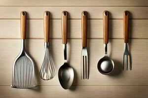 vijf verschillend types van keuken gereedschap zijn getoond. ai-gegenereerd foto