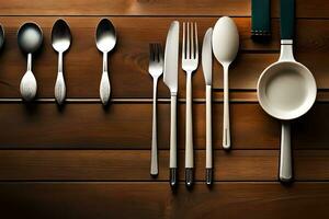 een tafel met een lepel, vork, mes en lepel. ai-gegenereerd foto