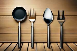 vier vorken en lepels Aan een houten tafel. ai-gegenereerd foto