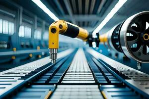 een robot is staand Aan een transportband riem in een fabriek. ai-gegenereerd foto