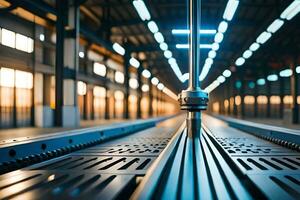 een lang metaal het spoor met een licht schijnend Aan het. ai-gegenereerd foto