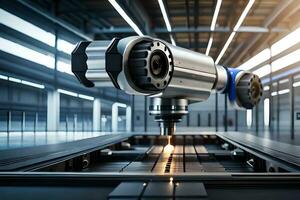 een robot arm is werken Aan een machine in een fabriek. ai-gegenereerd foto