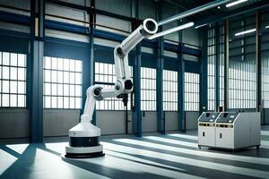 een robot arm in een groot industrieel gebouw. ai-gegenereerd foto