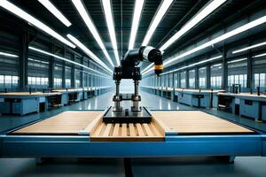 een robot is staand in een fabriek met een tafel. ai-gegenereerd foto