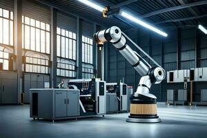 robot arm in industrieel fabriek met machines. ai-gegenereerd foto