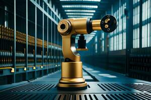 een gouden robot arm is zittend Aan een metaal platform. ai-gegenereerd foto