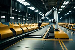 een robot is staand in een fabriek met geel en zwart transportband riemen. ai-gegenereerd foto