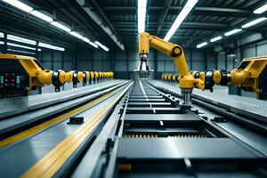robots in een fabriek met geel en zwart machines. ai-gegenereerd foto