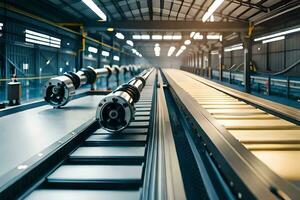 een transportband riem in een fabriek met veel machines. ai-gegenereerd foto