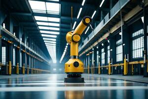 een geel industrieel robot is staand in een magazijn. ai-gegenereerd foto