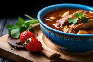 een kom van soep met vlees en groenten Aan een houten bord. ai-gegenereerd foto