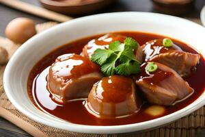 Chinese voedsel met vlees en saus in een schaal. ai-gegenereerd foto