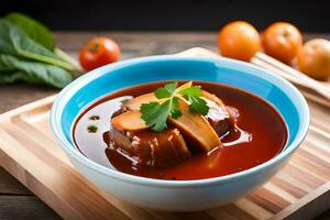 een kom van soep met vlees en groenten Aan een houten tafel. ai-gegenereerd foto