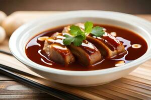 Chinese voedsel met vlees en saus in een schaal. ai-gegenereerd foto