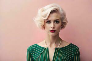 een vrouw met een kort blond haar- en rood lippenstift. ai-gegenereerd foto