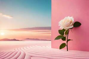 een single roos is zittend Aan een roze muur. ai-gegenereerd foto