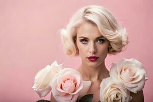 een mooi blond vrouw met rozen Aan haar gezicht. ai-gegenereerd foto