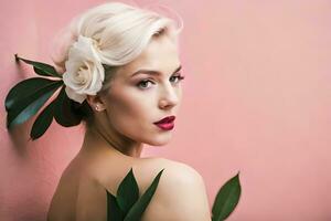 mooi blond vrouw met bloemen in haar haar. ai-gegenereerd foto