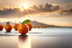 oranje fruit Aan de strand met de zon instelling achter het. ai-gegenereerd foto