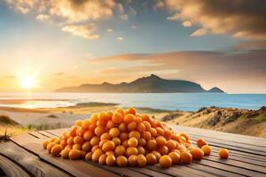 een stapel van sinaasappels Aan een houten tafel in voorkant van de zee Bij zonsondergang. ai-gegenereerd foto